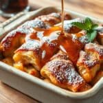 A golden-brown French toast casserole baked to perfection, topped with powdered sugar and syrup, made using leftover bread.