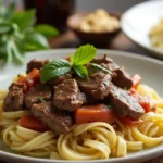 A plate of beef steak pasta, featuring tender steak strips, pasta, and a savory sauce, garnished with herbs.