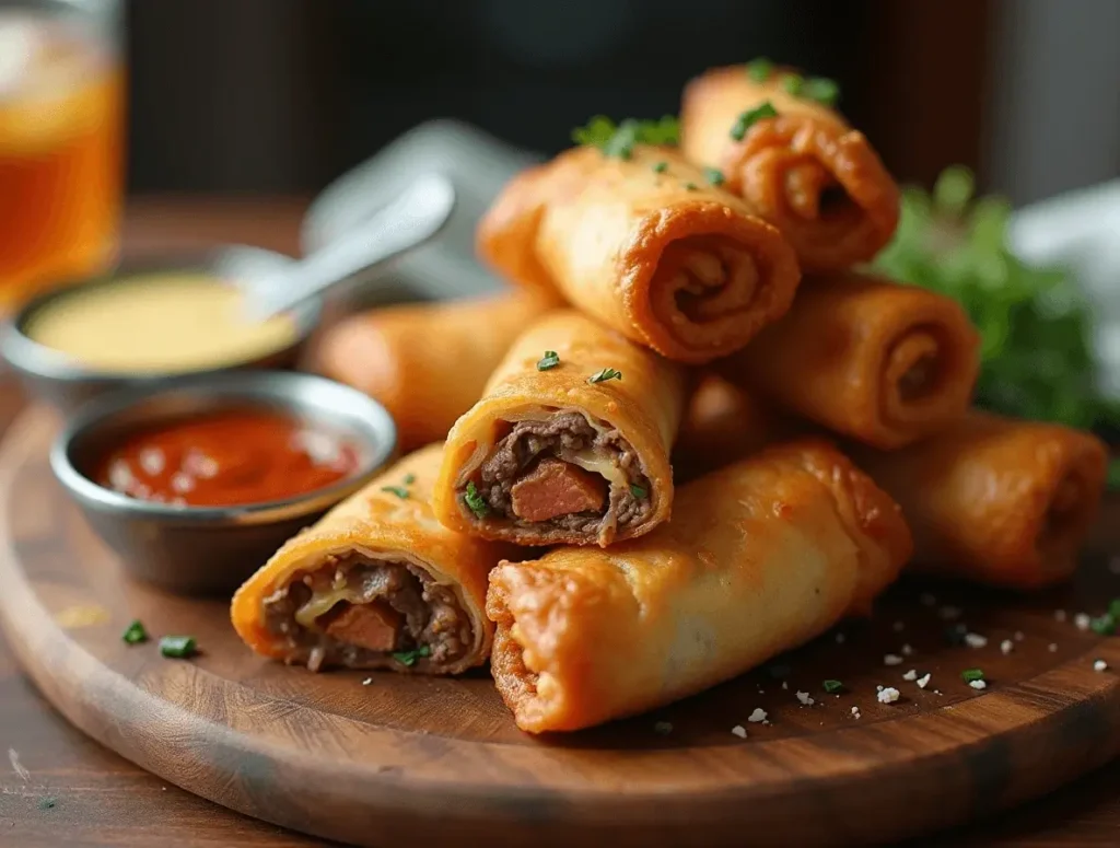 Philly Cheesesteak Egg Rolls with Dipping Sauces