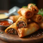 Golden-brown Philly cheesesteak egg rolls served on a plate, filled with tender beef, melted cheese, and sautéed vegetables, accompanied by a dipping sauce.