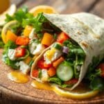 A wholesome cottage cheese wrap with a blend of vegetables and a creamy filling, neatly rolled in a soft tortilla