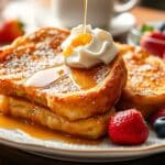 A plate of croissant French toast served with fresh berries, a dusting of powdered sugar, and a side of syrup, perfect for breakfast.