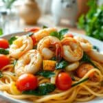 A vibrant garden shrimp scampi with shrimp, pasta, fresh vegetables, and a garlic butter sauce.