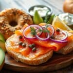 Bagels topped with lox, cream cheese, capers, and red onion, ready to be enjoyed.