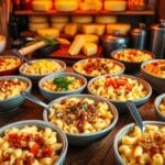 A mac n cheese bar with various toppings and mix-ins like bacon, breadcrumbs, and vegetables for customizing the dish.