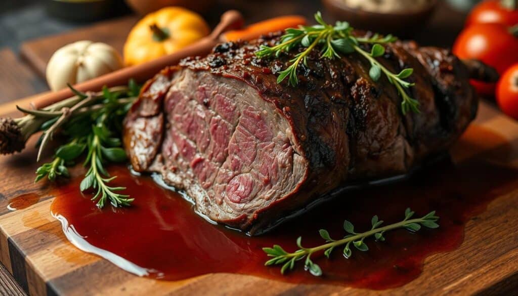 Tender slow-roasted venison served with rich, flavorful juices and garnished with fresh herbs.