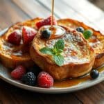 Golden and crispy sourdough French toast, topped with fresh fruit and a drizzle of maple syrup.
