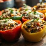 Stuffed peppers filled with vegetables, beans, and spices, without rice, topped with cheese.
