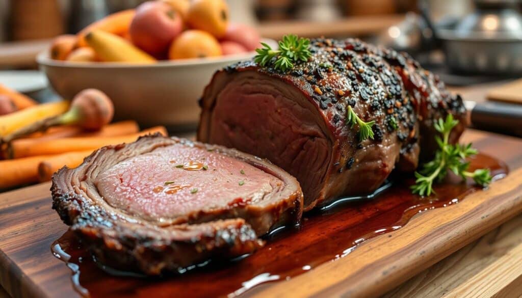 A perfectly cooked venison roast, tender and juicy, sliced to showcase its rich, flavorful interior.