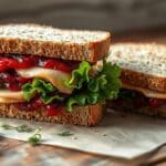 A turkey and cranberry sandwich on rustic bread, layered with fresh greens and a creamy spread, perfect for a festive treat.