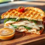 A warm turkey panini grilled to perfection, filled with slices of turkey, melted cheese, and crispy bread