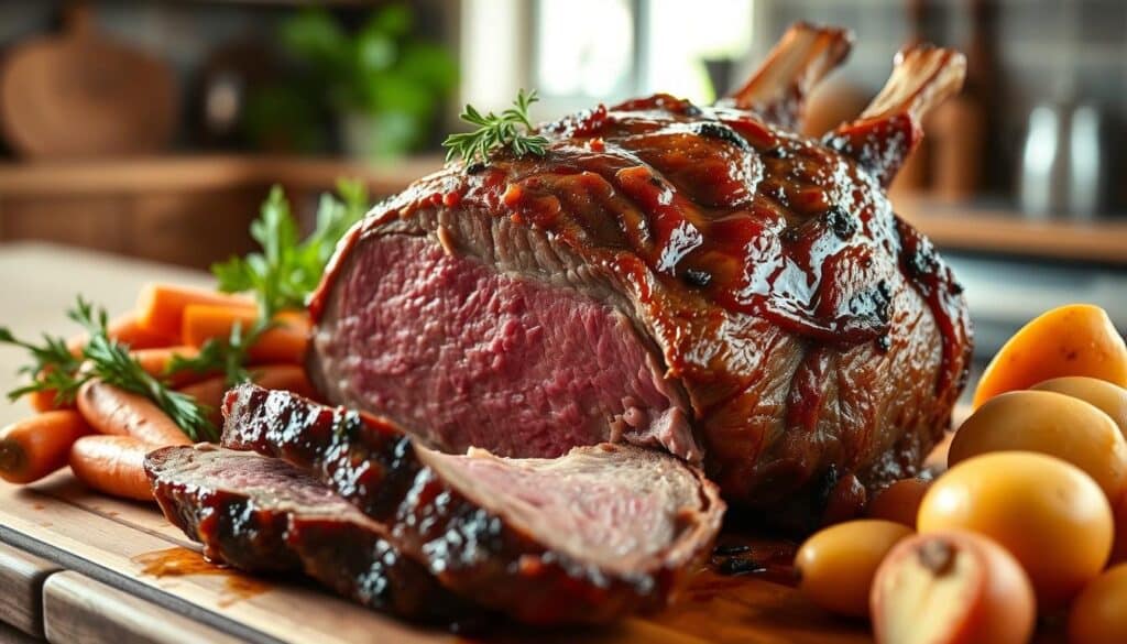 A venison roast recipe, featuring tender, slow-cooked venison with seasonings, herbs, and vegetables.
