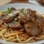 Steak and Pasta Recipes with tender beef strips and pasta in a savory sauce.