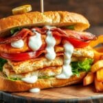 A delicious chicken bacon ranch sandwich with tender chicken, crispy bacon, lettuce, and a creamy ranch dressing.