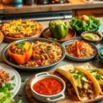 A variety of dishes made with leftover taco meat, including tacos, nachos, and taco salad.