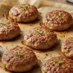 Baked sausage patties on a baking sheet, golden brown and crispy.