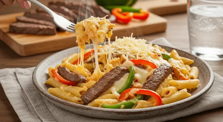 A plate of Philly steak pasta with steak strips, sautéed peppers, onions, and melted cheese.