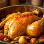 Golden roasted chicken surrounded by carrots, potatoes, and herbs in a rustic pot.