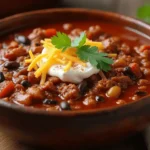 Deer chili recipe served in a rustic wooden bowl, topped with shredded cheese, sour cream, and fresh cilantro for a rich, hearty meal.