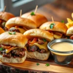 Philly cheesesteak sliders with melted cheese, beef, and onions on soft slider buns.