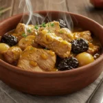 A warm, homemade pork stew with tender meat, potatoes, and dried fruits in a rich broth, garnished with fresh rosemary and herbs.