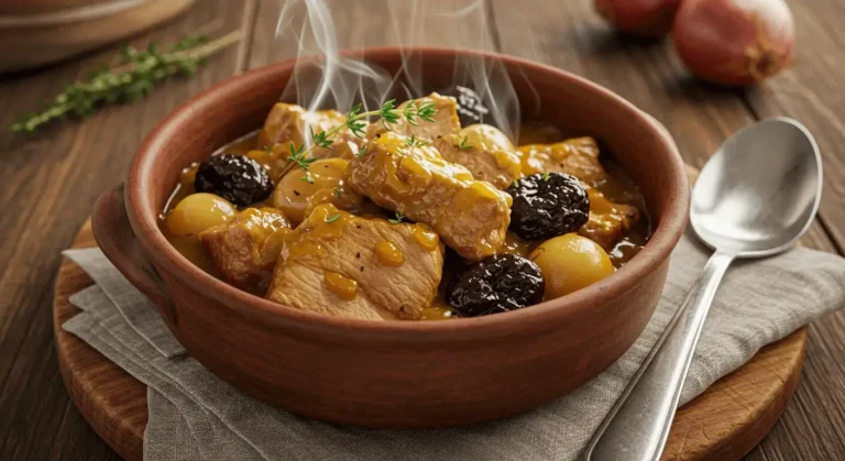 A warm, homemade pork stew with tender meat, potatoes, and dried fruits in a rich broth, garnished with fresh rosemary and herbs.