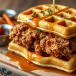 Chicken Waffle Sandwich with crispy golden-brown waffles, a tender fried chicken fillet, and a drizzle of maple syrup, served on a plate.