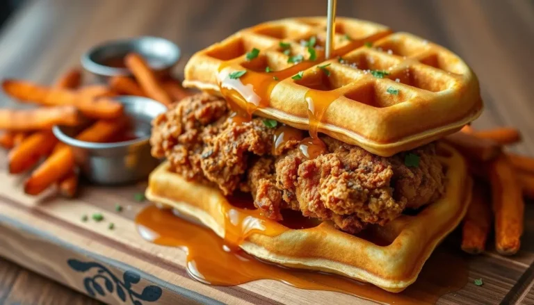 Chicken Waffle Sandwich with crispy golden-brown waffles, a tender fried chicken fillet, and a drizzle of maple syrup, served on a plate.