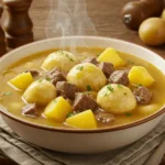 A comforting dish of chipped beef, flour dumplings, and potatoes in a rich, savory broth, served warm and garnished with fresh herbs.