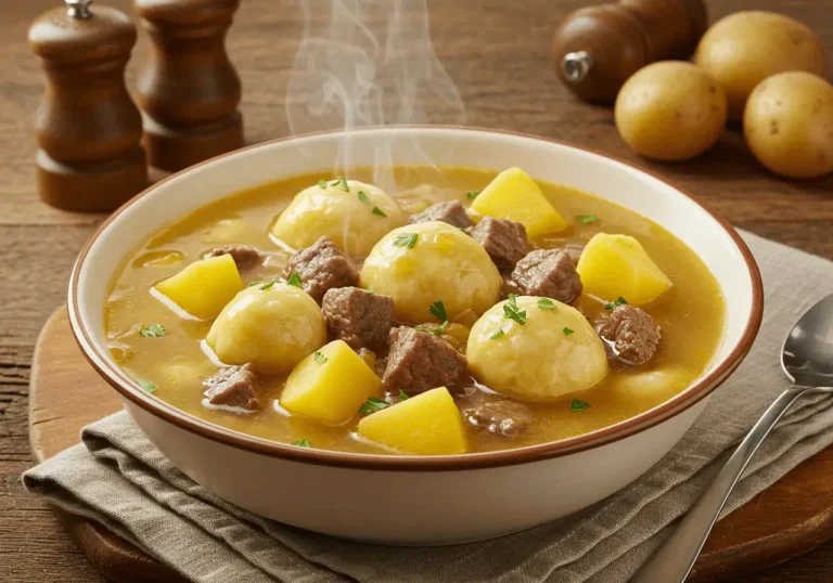 A comforting dish of chipped beef, flour dumplings, and potatoes in a rich, savory broth, served warm and garnished with fresh herbs.